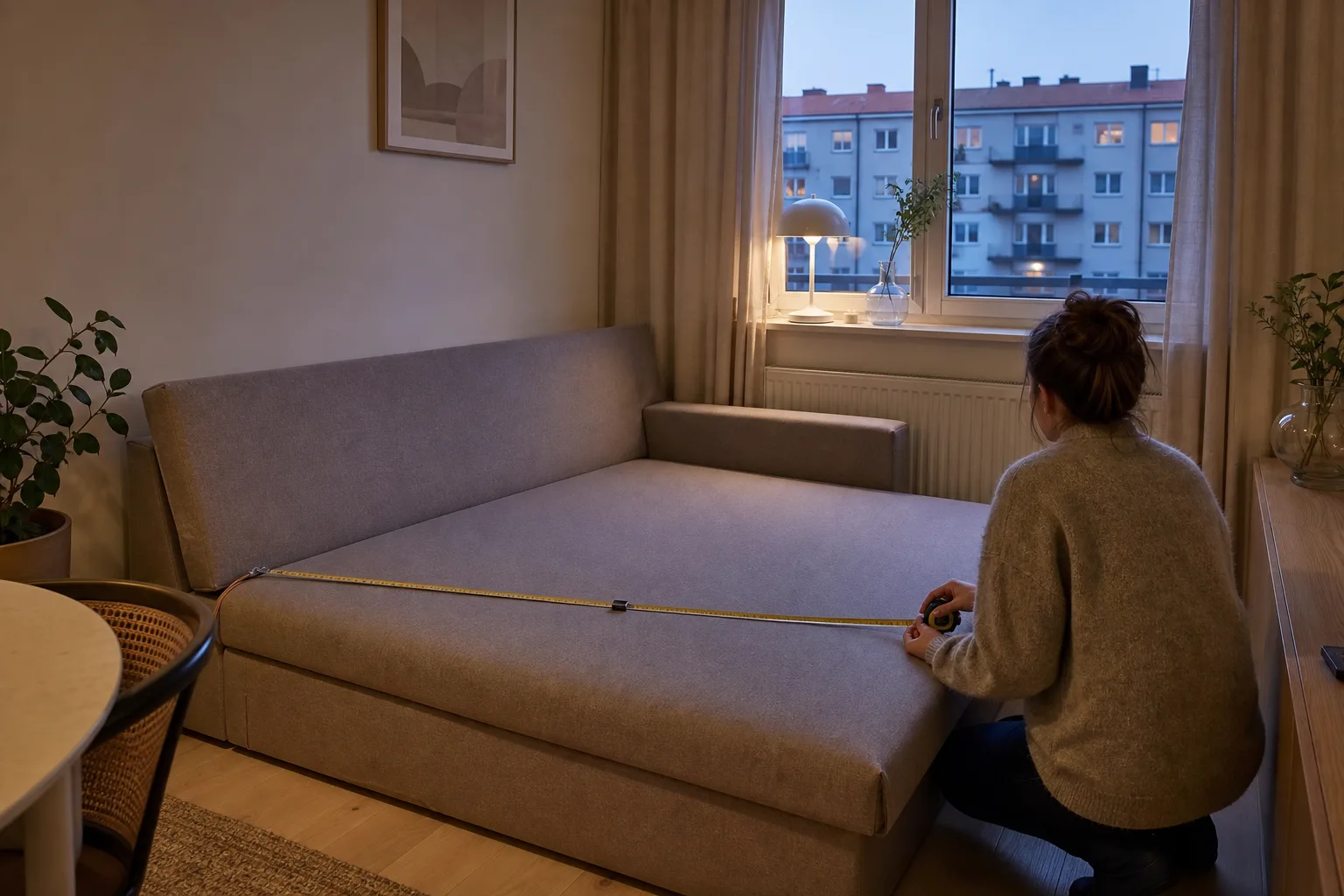 Måttband över sitsens bredd på en bäddsoffa i en liten lägenhet