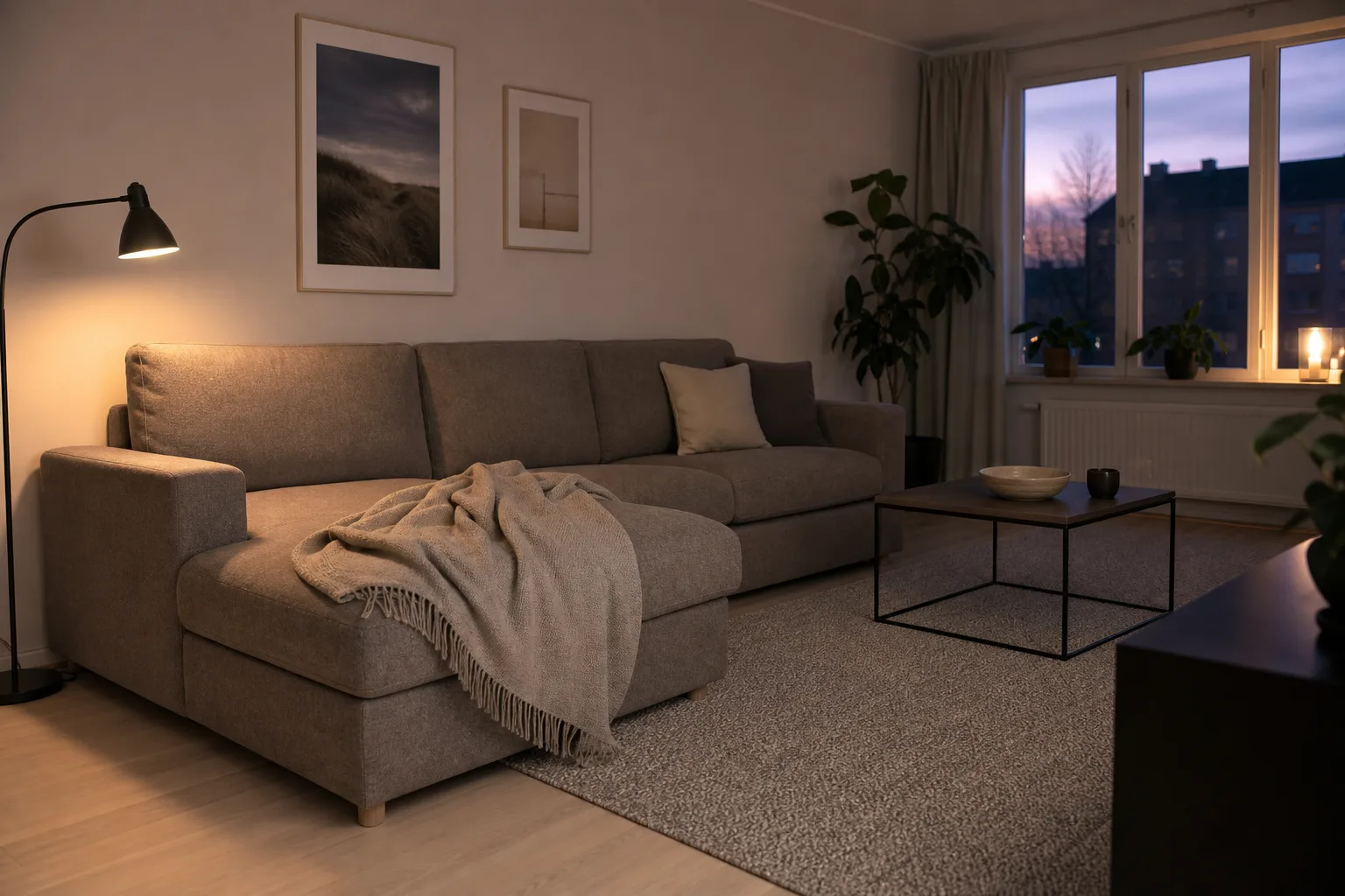 Bäddsoffa med djup divan och filt över sitsen