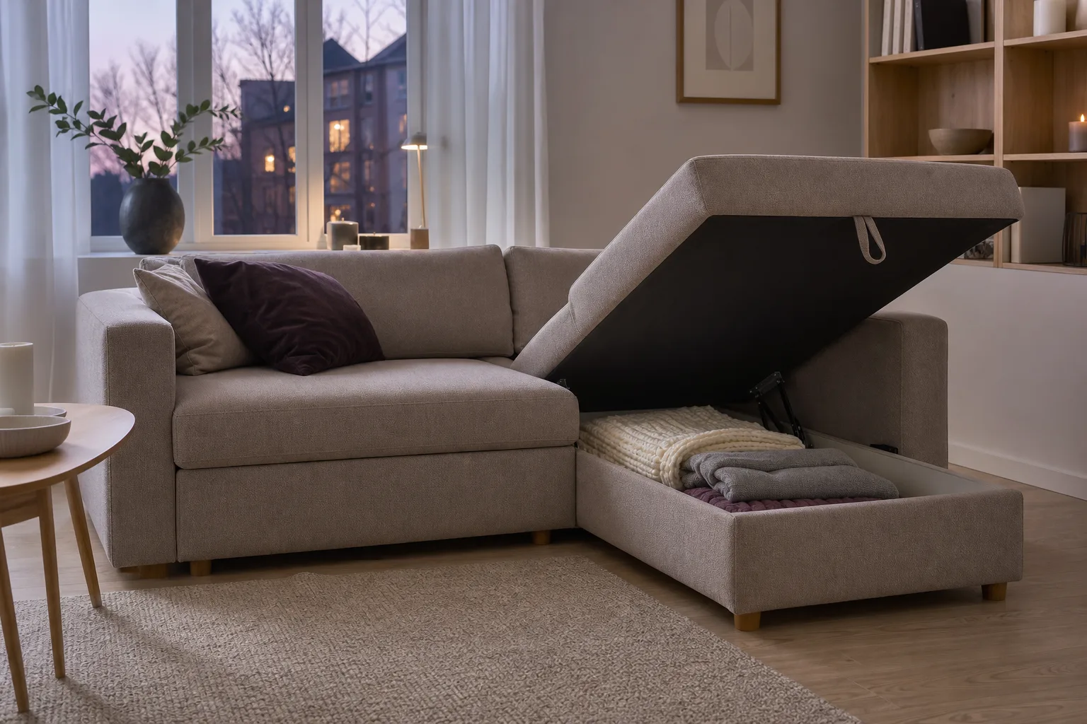Bäddsoffa med divan och öppet förvaringsfack