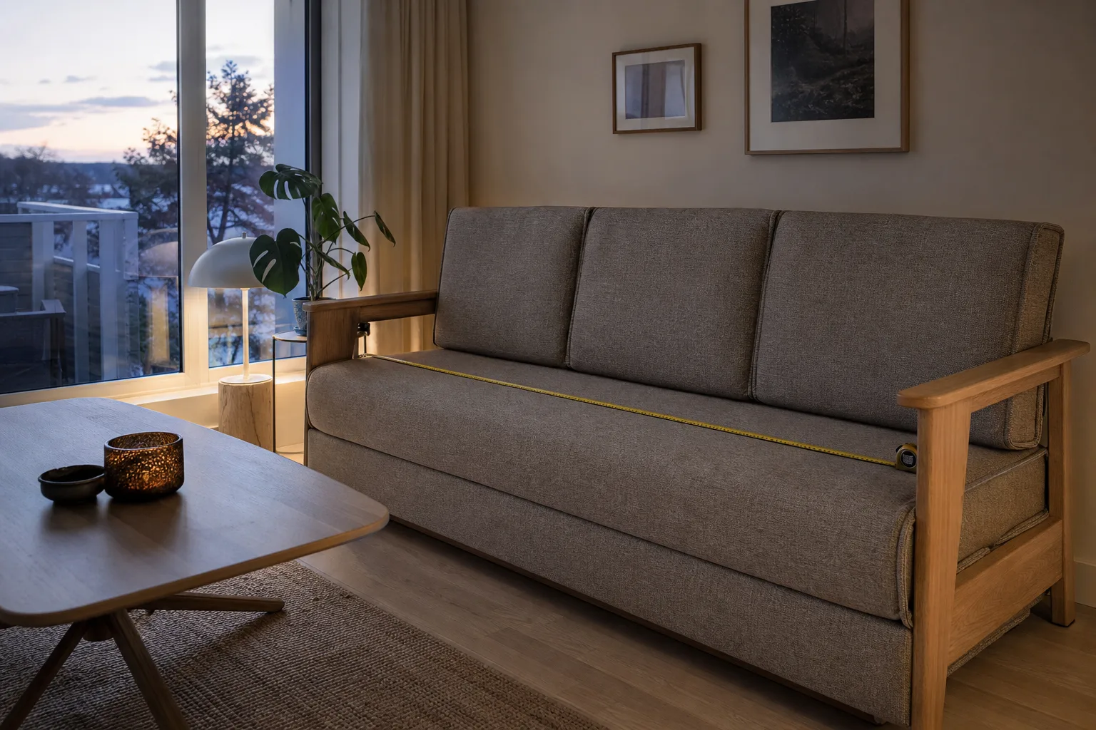 Bred bäddsoffa med måttband över sitsen