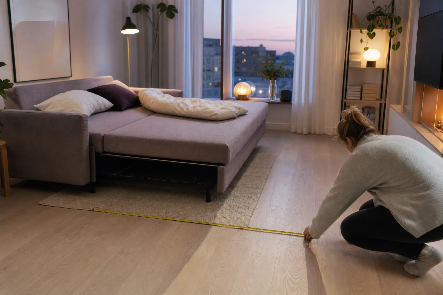 Framåtbäddad soffa utdragen med måttband på golvet framför