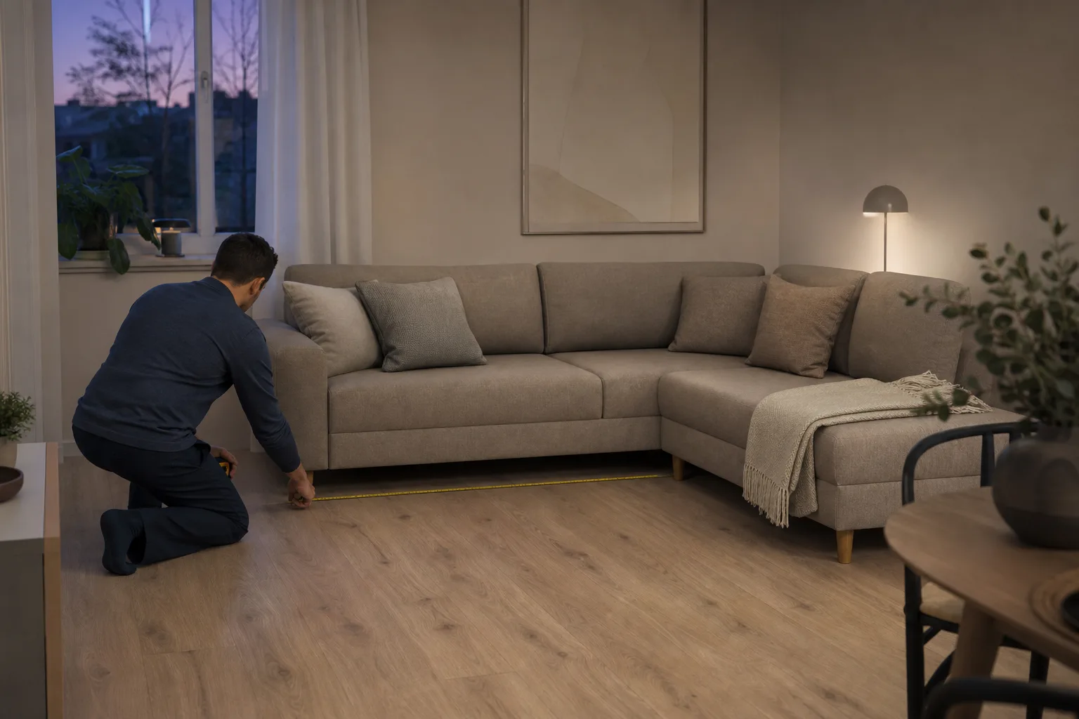 Hörnbäddsoffa vinklad in i ett rumshörn