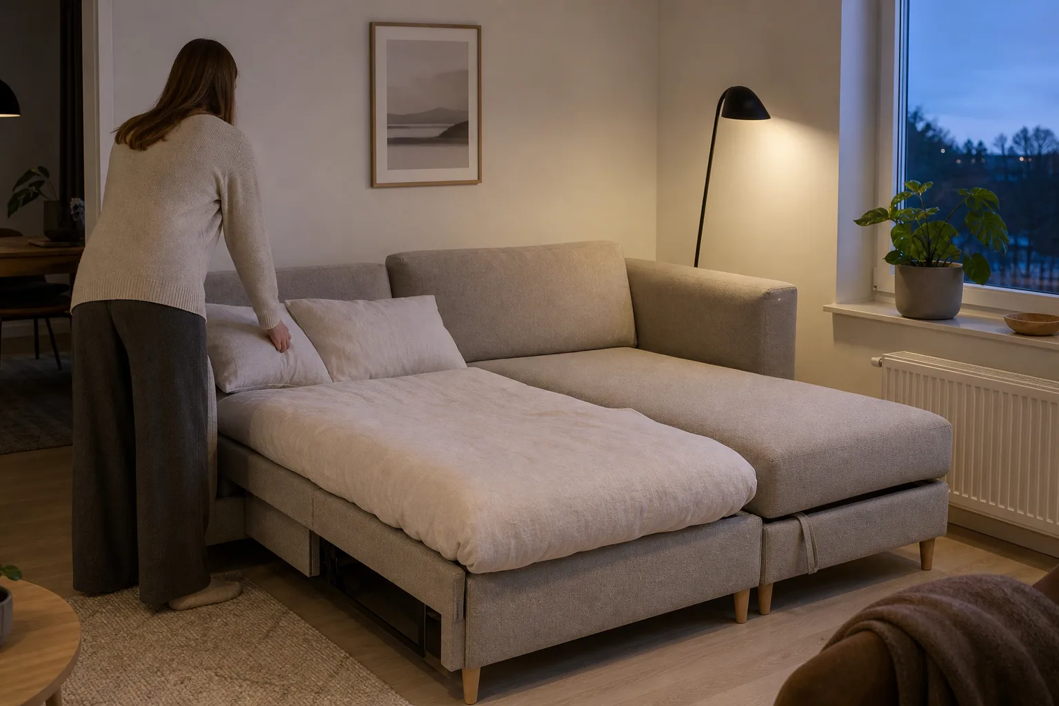 Hörnbäddsoffa i ett rumshörn med divan
