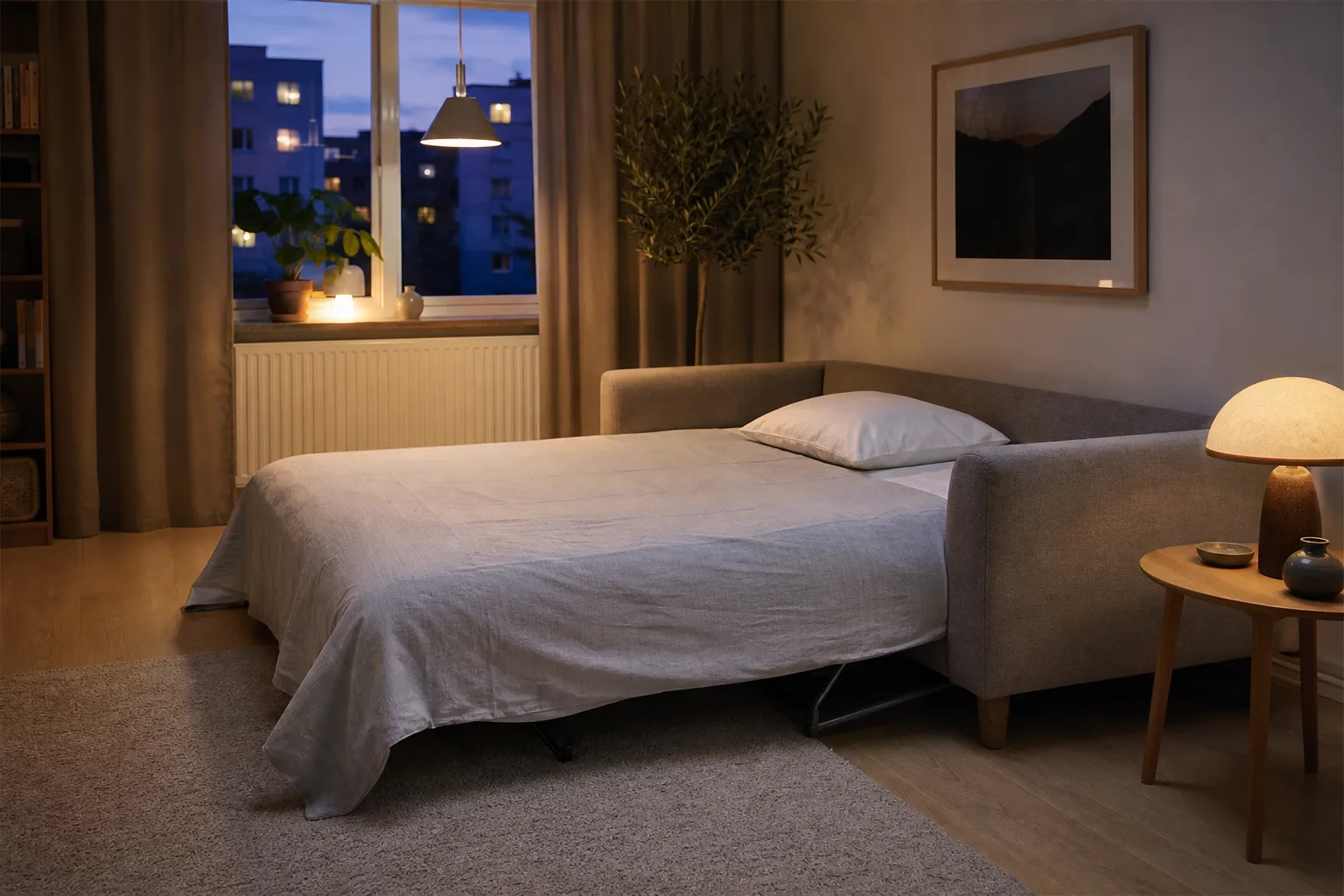 Färdigbäddad soffa i kvällsljus, redo för natten