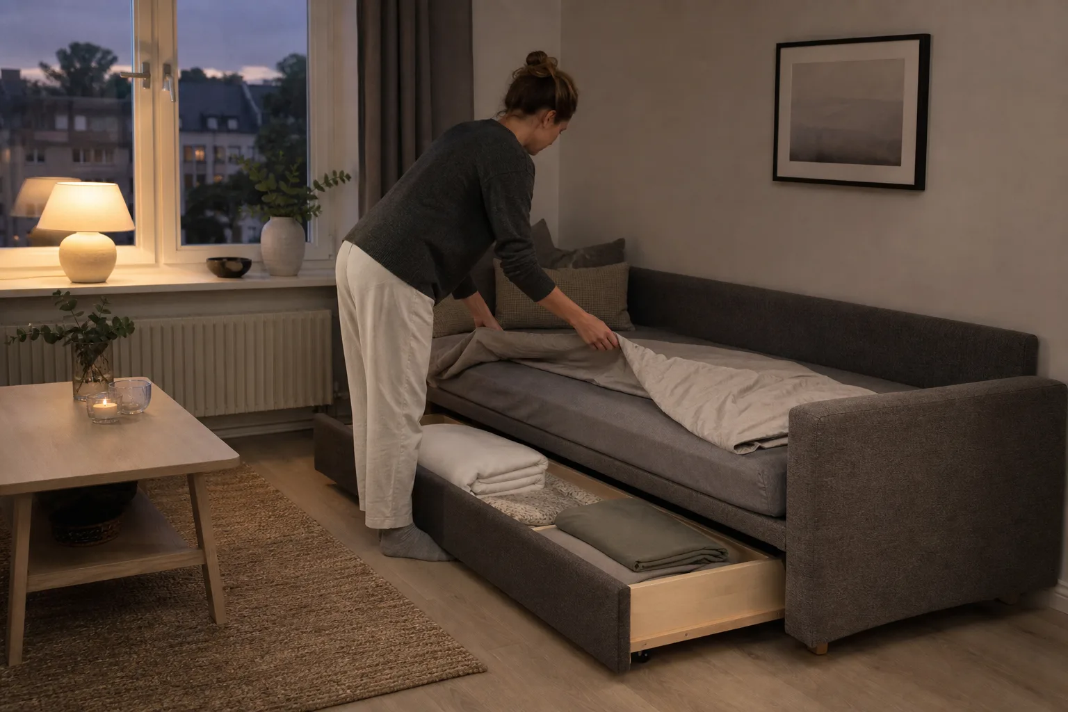 Längsbäddad soffa bäddas ut längs väggen med öppet förvaringsfack