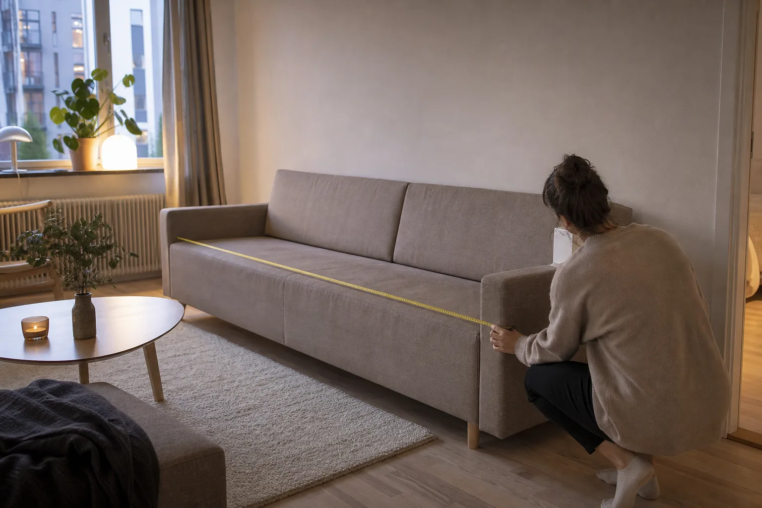 Måttband längs en längsbäddad soffas fulla längd
