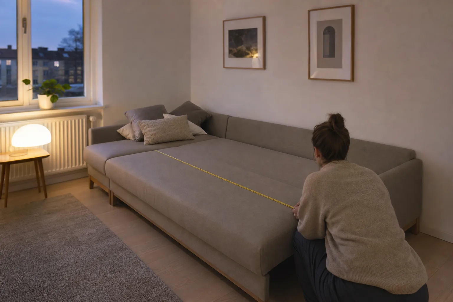 Loungesoffa med divan utfälld till en bred liggyta