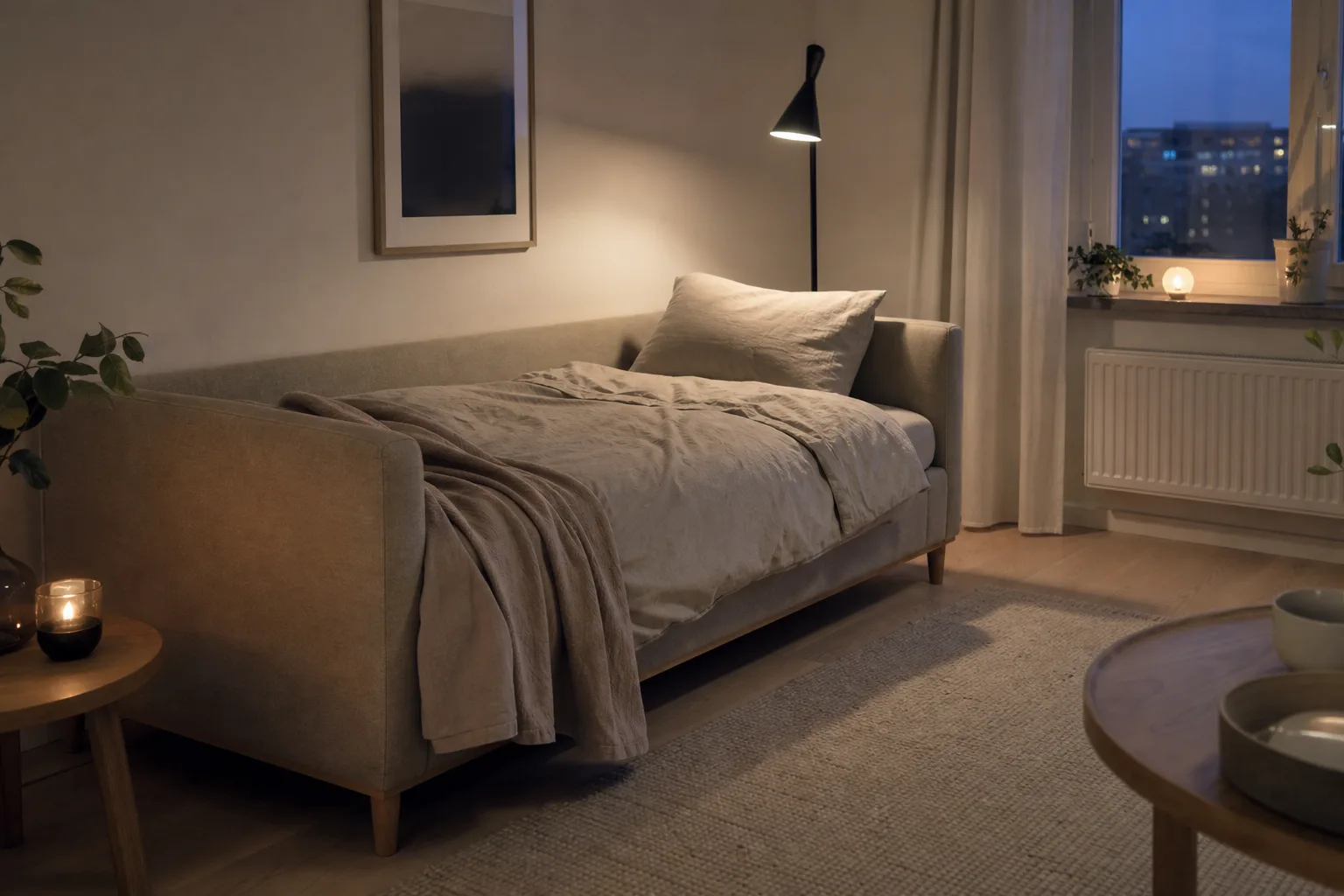 Uppbäddad dagbädd i loungestil på kvällen