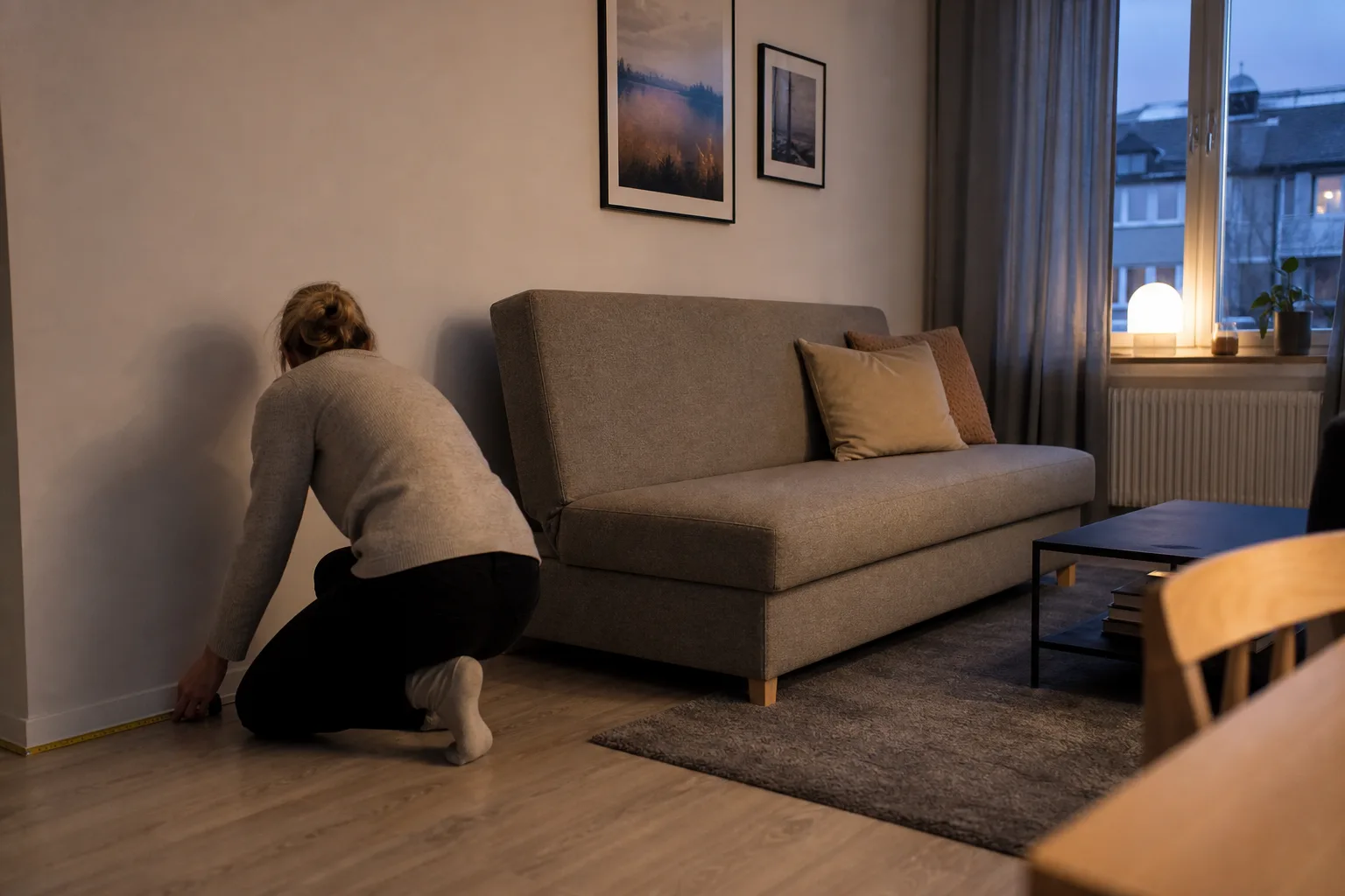 Måttband längs väggen framför en bäddsoffa