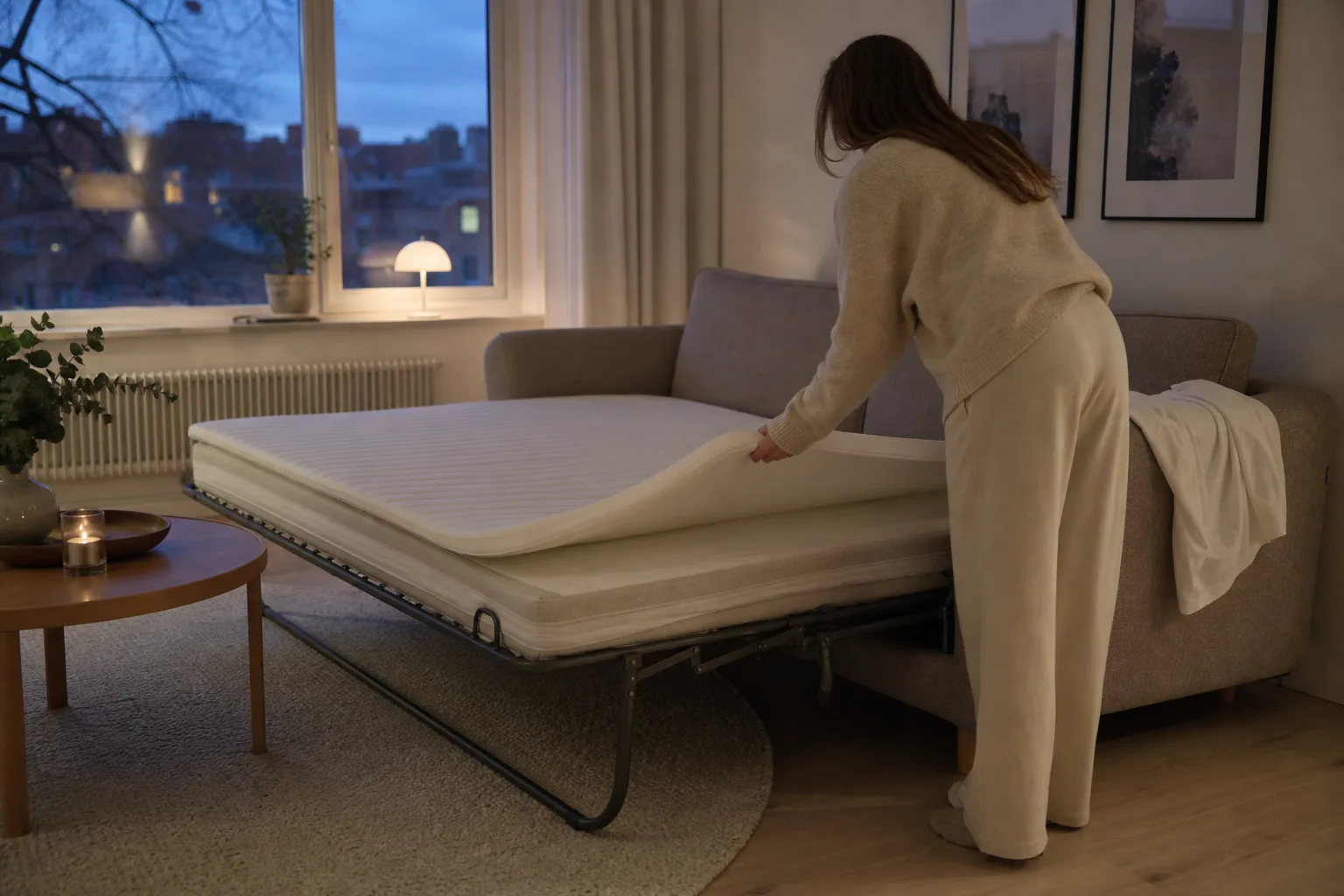 Toppmadrass läggs ovanpå en befintlig bäddsoffematt
