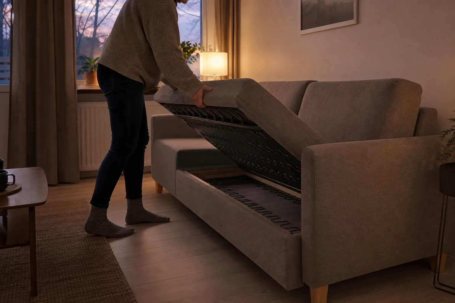 Öppen underbädd med resårbotten i en bäddsoffa