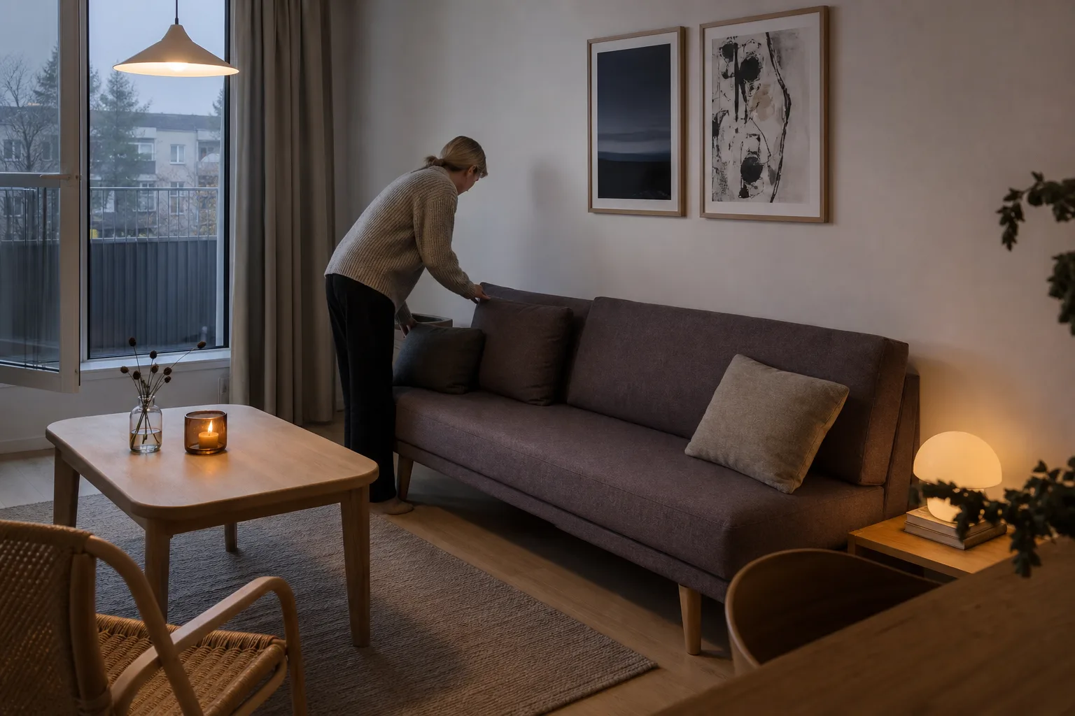 Smal bäddsoffa längs en lång vägg