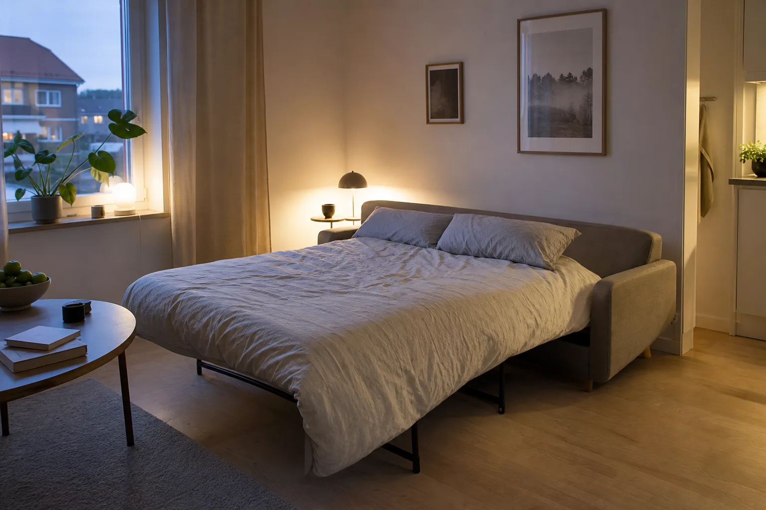 Uppbäddad soffa i ett dämpat vardagsrum på kvällen