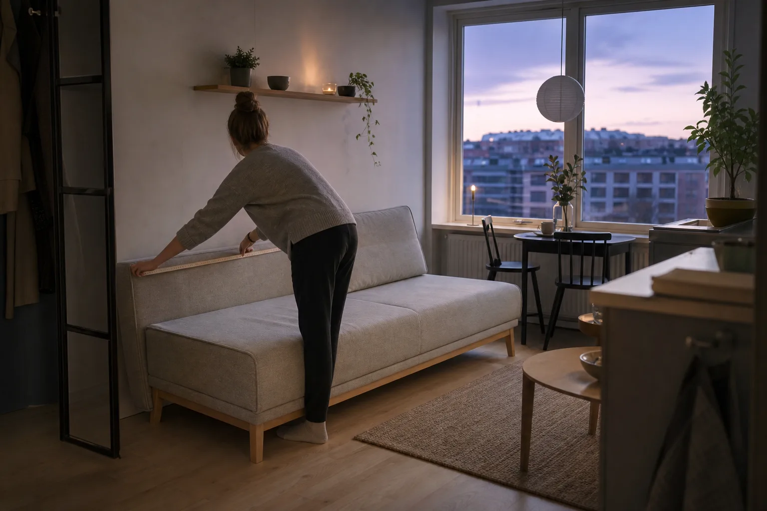 Bäddsoffa som huvudmöbel i en liten enrumslägenhet