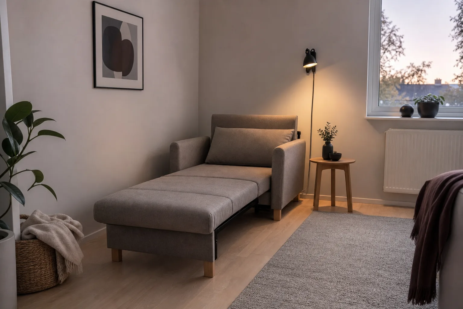 Bäddfåtölj delvis utfälld till en liggyta i ett litet rum