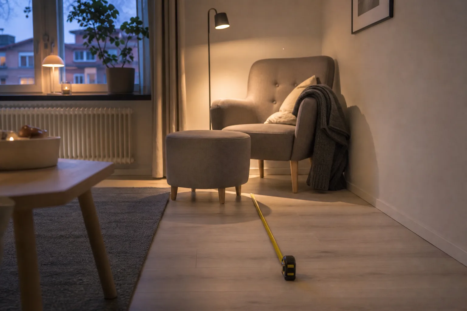 Fåtölj och puff i en trång vrå med måttband på golvet