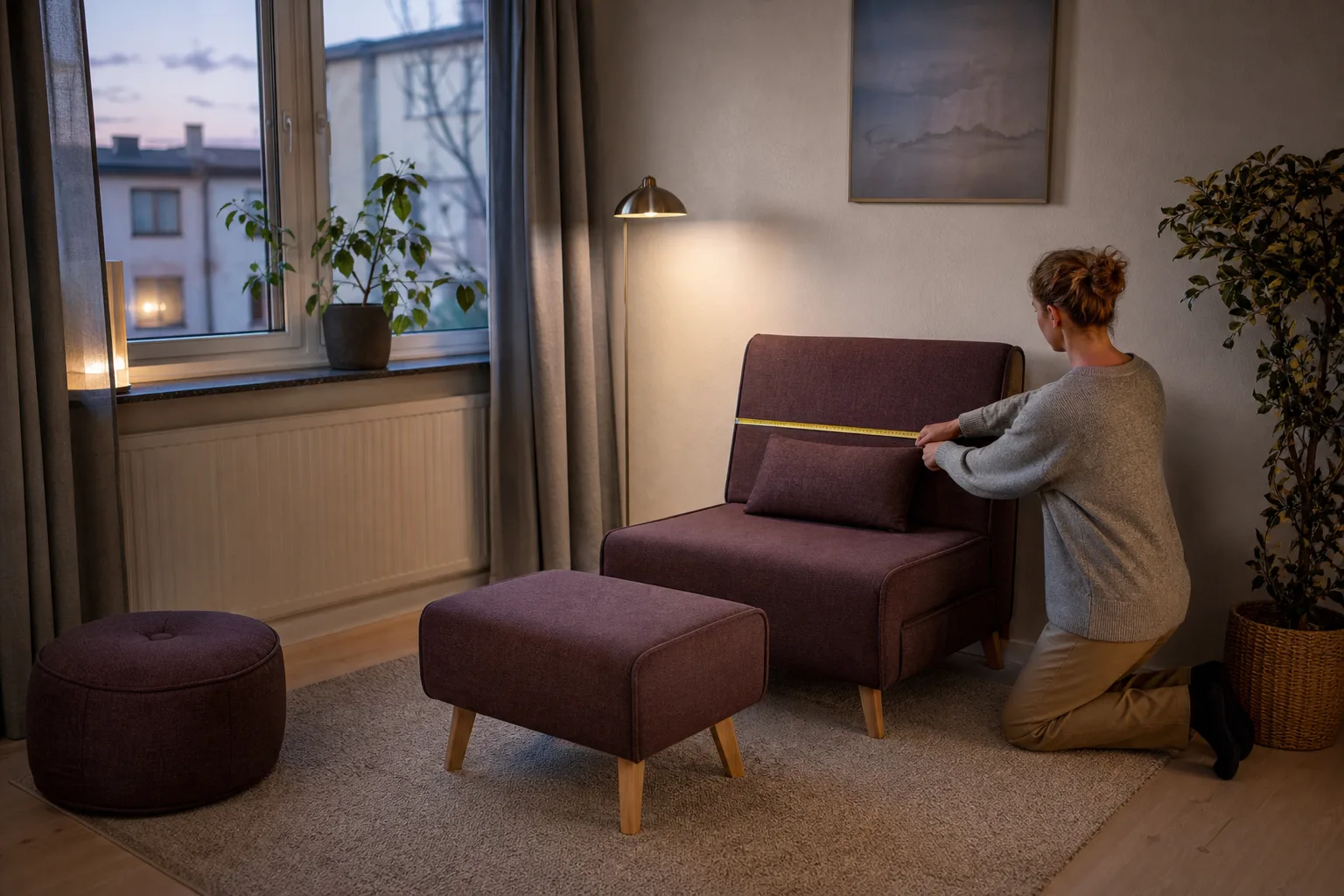 Bäddfåtölj, puff och fotpall grupperade i ett litet rumshörn