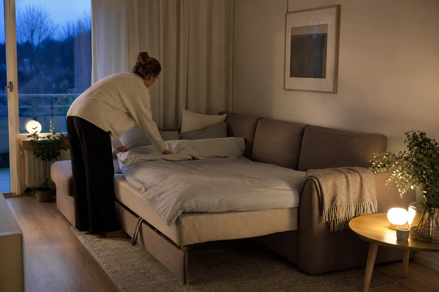Hörnbäddsoffa delvis utfälld i ett vardagsrum på kvällen