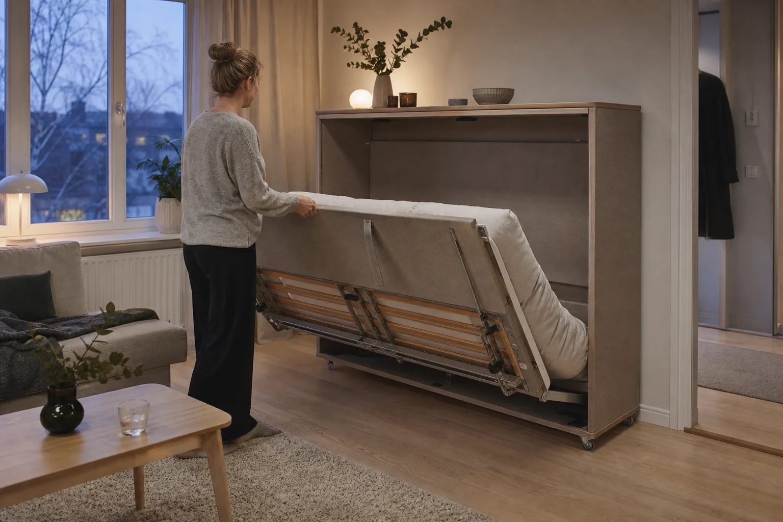 Fristående sängskåp på hjul under utfällning
