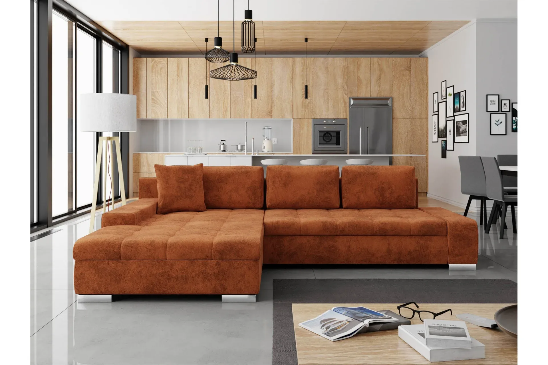Cerys Bäddsoffa m. Divan 3-sits, Orange, 302×80×213 cm hos Chilli