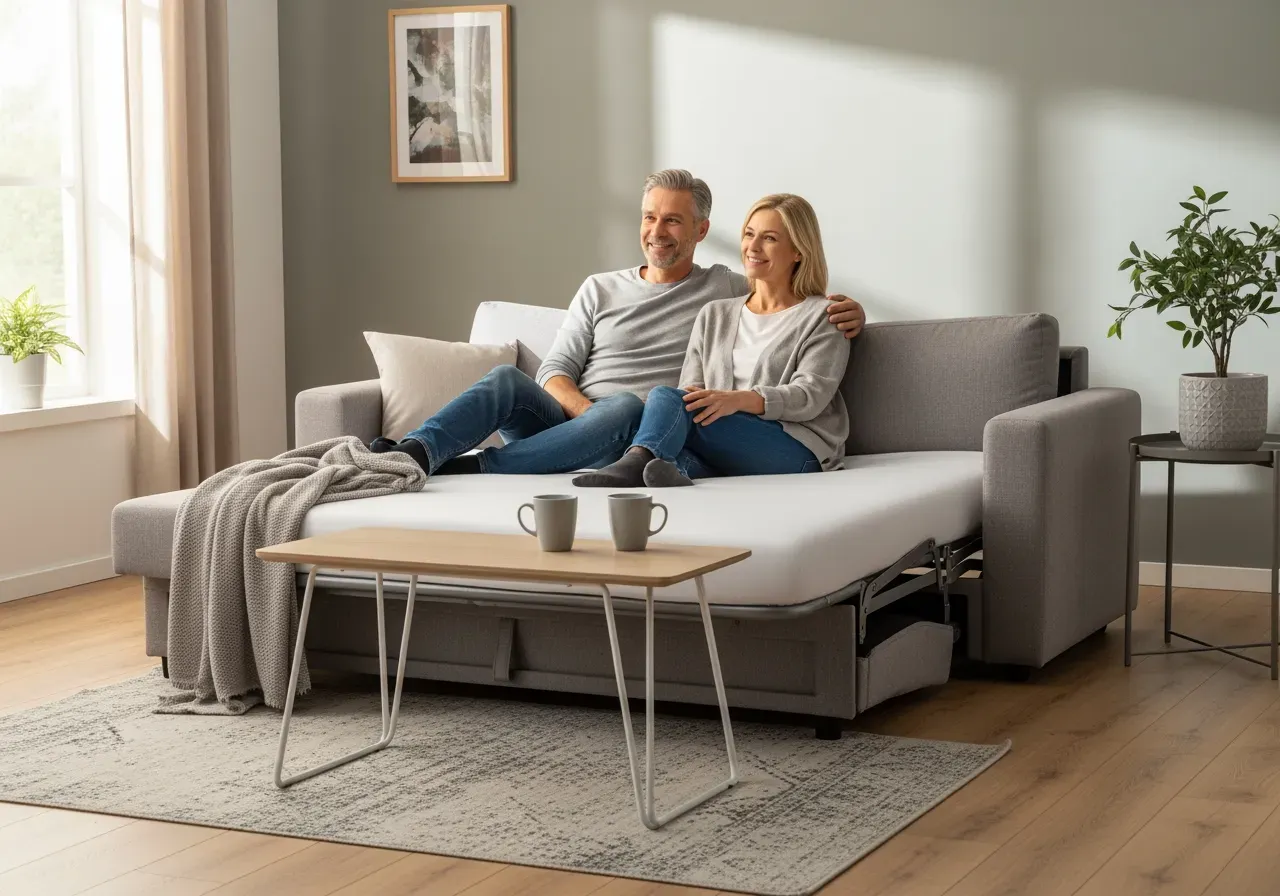 Bäddpall och pallbord i vardagsrum