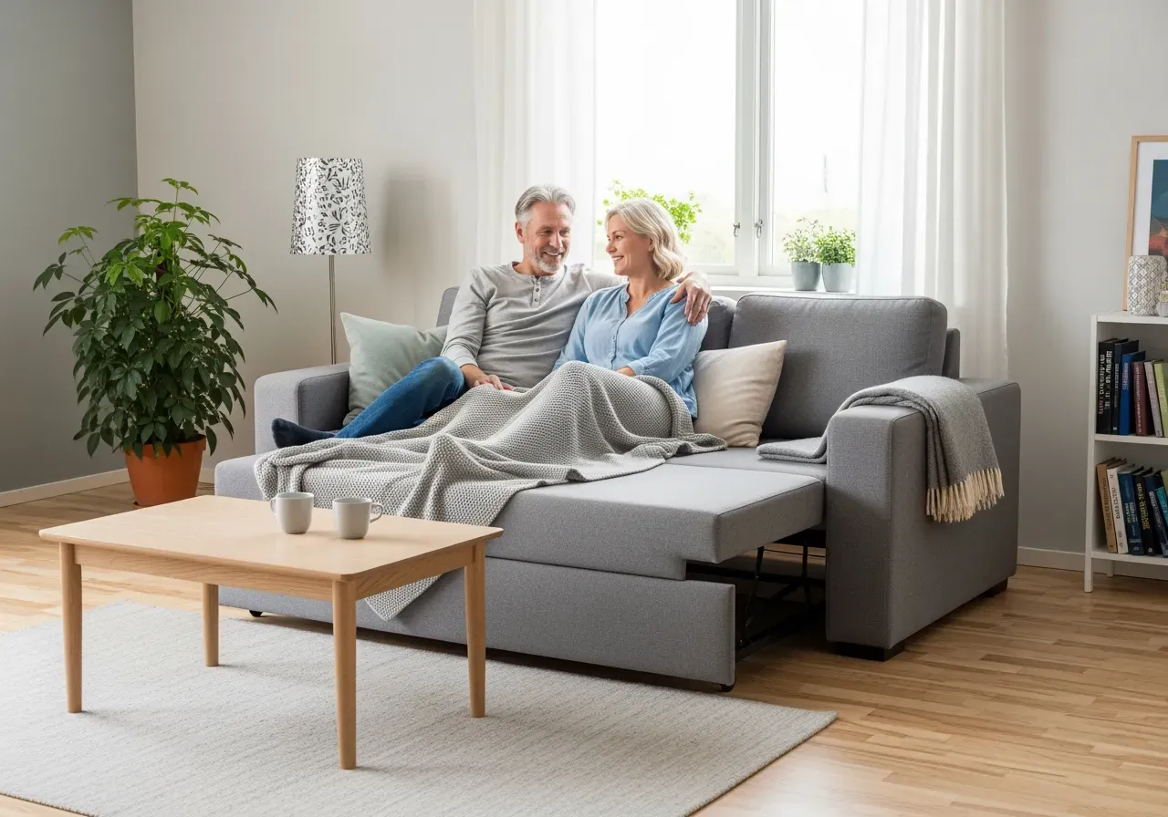 Längsbäddad bäddsoffa i vardagsrum